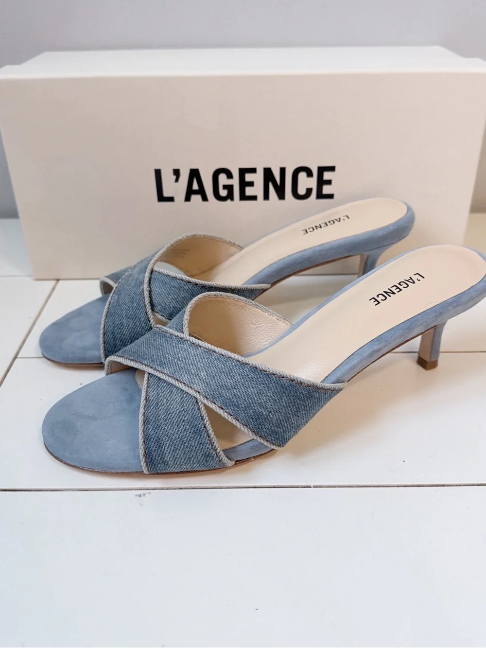 L'AGENCE Aveline Denim Suede Crisscross Mule Kitten Heel Sandals Blue Size 6